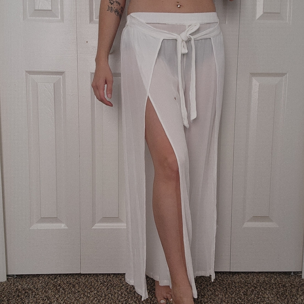 blue island Sheer White Maxi Skirt with Front Slit and Tie